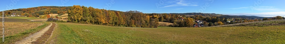 Obraz premium Panoramic view of the landscape over Wiesfleck, Oberwart district, Burgenland, Austria, Europe, Central Europe 