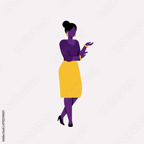 Woman in yellow skirt gesturing with hand on neutral background  