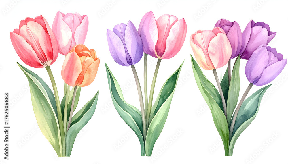 Fototapeta premium Watercolor Colorful Tulips: A vibrant display of tulips in full bloom, showcasing a spectrum of colors and delicate petals. A celebration of spring's arrival and the simple beauty of nature.