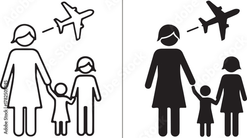 Family journey concept with stick figures, a mother holding a child's hand, another child, and an airplane symbolizing travel or global movement. isolated on white background, Vector, illustration