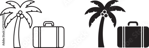 Tropical vacation travel icons with a palm tree and suitcase, showcasing both outlined and solid black styles for holiday destinations. isolated on white background, Vector, illustration
