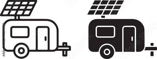 Camper van with solar panel for sustainable travel. icon representing eco-friendly road trips and renewable energy solutions for mobile living. isolated on white background, Vector, illustration