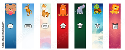 Cute Animal Bookmark Set PNG – Adorable Cartoon Animals with Positive Quotes and Gradient Backgrounds