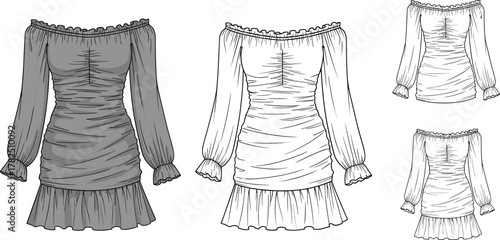 Off-shoulder dress design, fashion sketch, ruched bodice, ruffled cuffs, technical illustration, garment construction, sewing pattern, front and back views, stylish silhouette