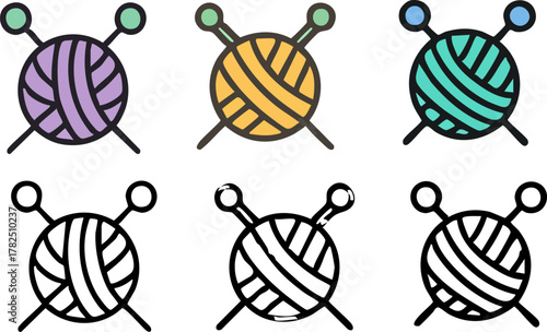Set of colorful yarn ball and knitting needle icons.