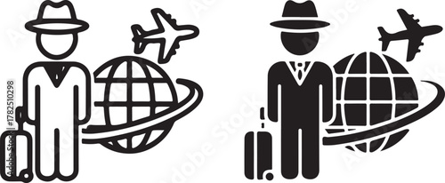 Global travel icon showing a person with a suitcase, a globe, and an airplane, symbolizing international business, tourism, and worldwide journeys. isolated on white background, Vector, illustration