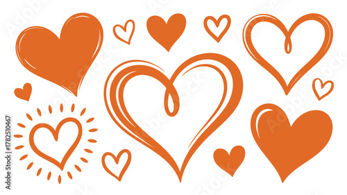 Orange heart doodle set on white