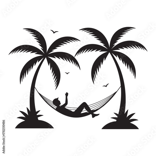 Person relaxing in a hammock between two palm trees, tropical vacation silhouette vector illustration representing summer holiday, leisure, and escape.