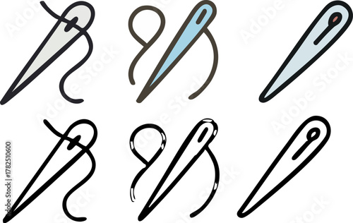 Set of sewing needle and thread vector icons.