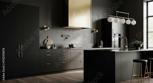 Luxurious modern kitchen design featuring sleek dark cabinetry, gold accents, and elegant lighting creating a sophisticated and inviting atmosphere.