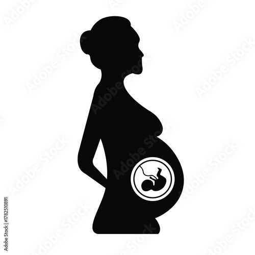 Pregnant Woman Black Silhouette Icon, Motherhood and Fetus in Womb Diagram, Maternity and Gynecology Health Vector Illustration, Isolated Pregnancy Concept