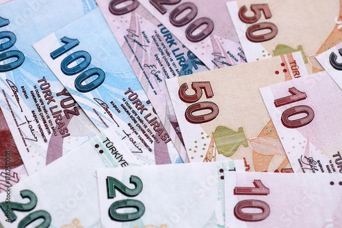 Fototapeta Naklejka Na Ścianę i Meble -  Turkish Liras currency money bills. TRY currency banknotes in pile with different denomination close up