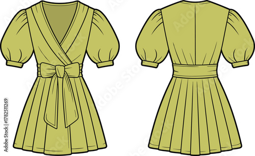 coral pink dress, wrap bodice sketch, puffed sleeve design, pleated skirt template, sash bow waist, fashion illustration, garment construction, elegant silhouette