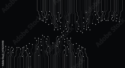 Black background white lines and dots circuit board. Technology - horizontal pattern
