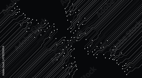 Black background white lines and dots circuit board. Technology - horizontal pattern
