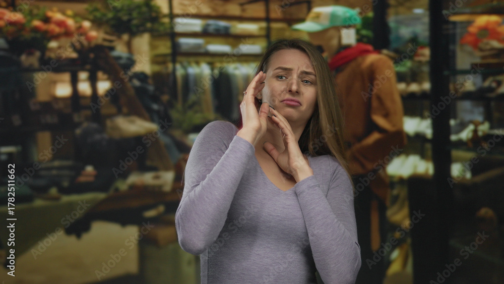 Fototapeta premium Woman in a retail shop looking anxious with her hand on her chest, surrounded by clothing and vibrant indoor decorations, expressing concern in a commercial environment.