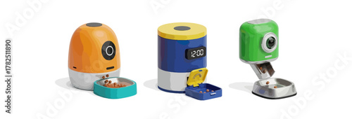 Automated pet feeders in various colors with food bowls