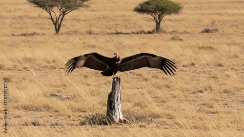 African vulture taking flight from a tree trunk in the arid African savanna environment showcasing