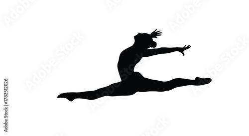 Silhouette of a gymnast performing a split leap, graceful athlete in midair showcasing flexibility and strength