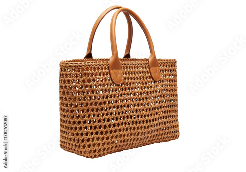 Foto Isolated raffia woven tote bag with tan leather handles on a neutral backdrop, s