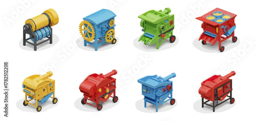 Collection of colorful agricultural machinery illustrations