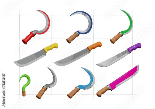 Collection of colorful curved blades on a grid