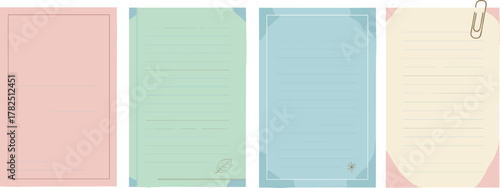 Decorative pastel note sheet icon vector set—pink, green, blue, and cream templates with feather, leaf, starburst, and paperclip
