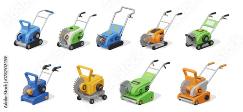 Collection of colorful lawn mowers on black background