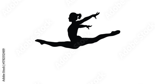 Silhouette of a female gymnast performing a split leap for athletic and fitness content
