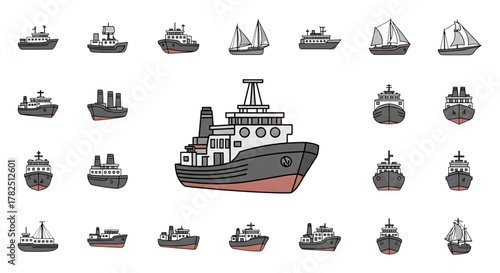 Diverse Collection of Ship and Boat Icons for Maritime Logistics Web Design Projects