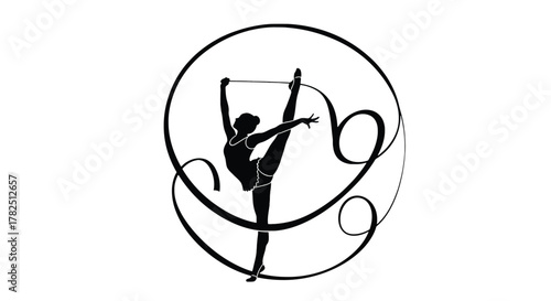 Silhouette of a rhythmic gymnast performing with a ribbon, , showcasing flexibility and grace in motion