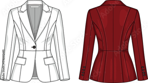 Women’s tailored blazer, fashion illustration, notched lapel, single-button closure, garment construction, technical sketch, front and back view, vector template, stylish silhouette, sleeve detail