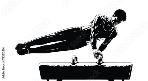 Silhouette of a gymnast performing on a pommel horse artistic vector illustration of sport