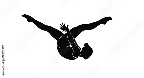 Gymnast performs a complex dive on, displaying flexibility, control, and athleticism in a dynamic silhouette