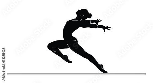 A gymnast leaps gracefully on the balance beam, showcasing flexibility, poise, and control