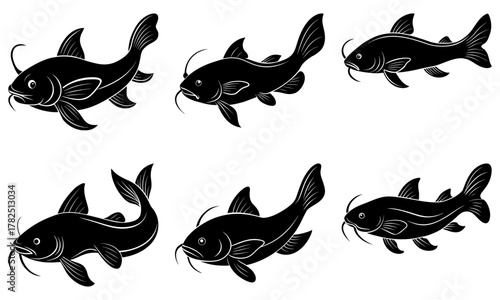 Dynamic silhouette collection of diverse catfish swimming gracefully, perfect for aquatic themes and fishing designs