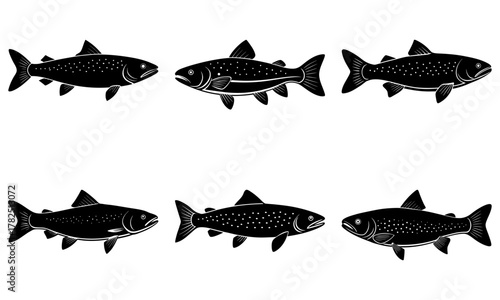 Six sleek salmon silhouettes swim gracefully, showcasing aquatic life and fishing passion for vibrant designs and nature themes.