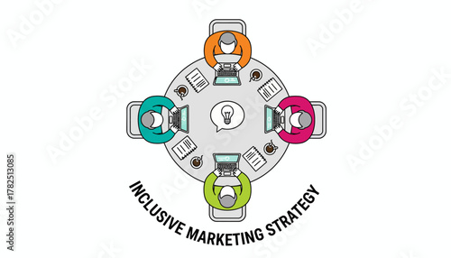 Inclusive Marketing Strategy Concept with Diverse Team Collaborating Around a Table - Vector Illustration
