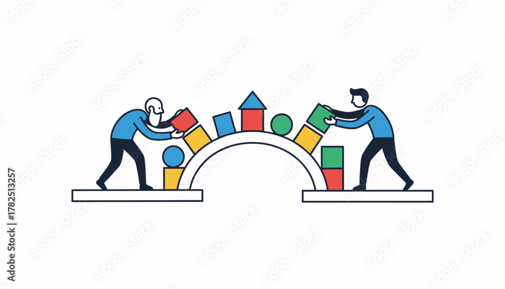 Obraz premium Collaborative Teamwork Concept with Two Men Building a Bridge with Blocks