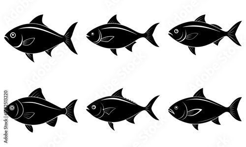 Six stylized black fish icons arranged in two rows, perfect for aquatic themes, seafood branding, and marine design projects.