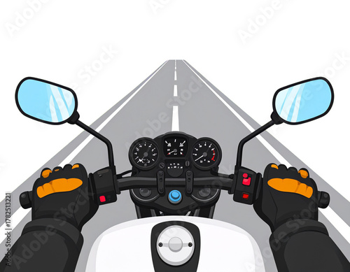 Cartoon POV Motorbike Handlebars with Rider’s Hands and Simple Road Horizon, Vector Style PNG