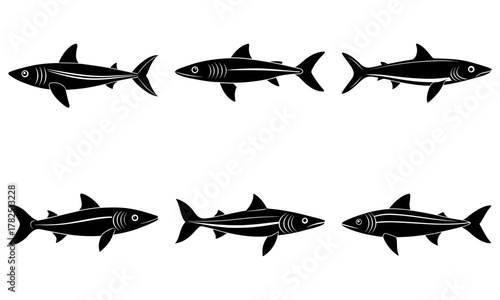 Dynamic collection of six sleek shark silhouettes showcasing powerful aquatic predators in a modern, clean design perfect for marine themes