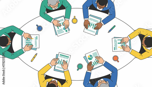 Top-Down View of a Diverse Corporate Team Collaborating on Strategy and Data Analysis