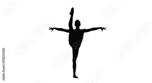 Silhouette of a female dancer performing a standing split with arms outstretched