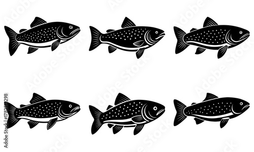 Six elegant black and white stylized trout illustrations, perfect for fishing guides, culinary use, or nature-themed designs.