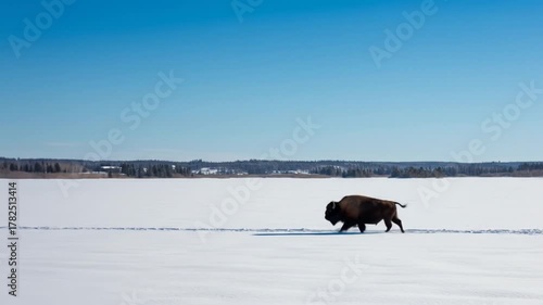 American bison walking in a snowy field under a clear blue sky, landscape nature outdoors scene,