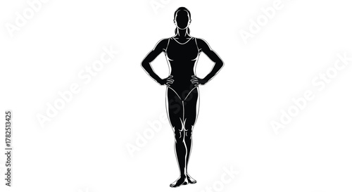 Silhouette of a female gymnast standing with hands on hips confident athlete in a strong, balanced pose