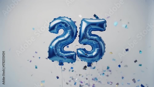 Blue balloon number 25 for birthday or anniversary party. White background with falling confetti