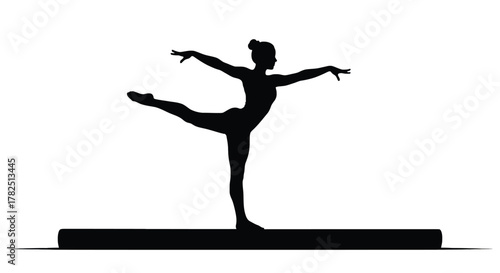 Silhouette of a female gymnast performing on a balance beam the gymnast is balancing on one leg, arms extended