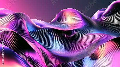 Iridescent three dimensional surface undulates with vibrant magenta and purple light reflections